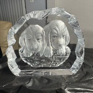 Nybro glass featuring two puppies in a basket